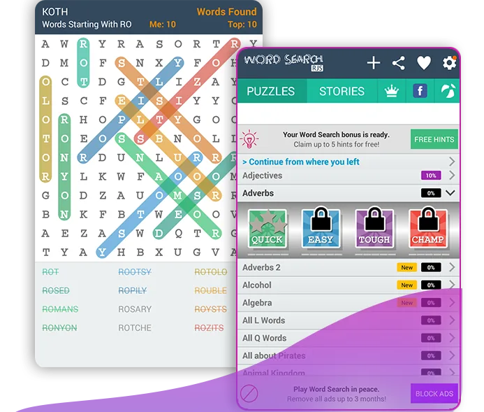 Word Search themes and puzzle screens